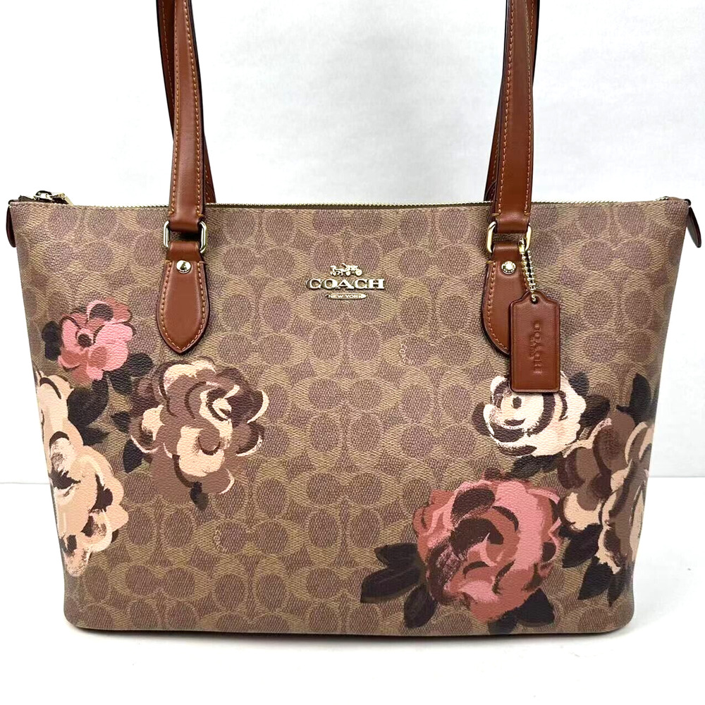 Coach Brown Floral Print Signature Canvas Tote with Pink Accents - Picture 3 of 13